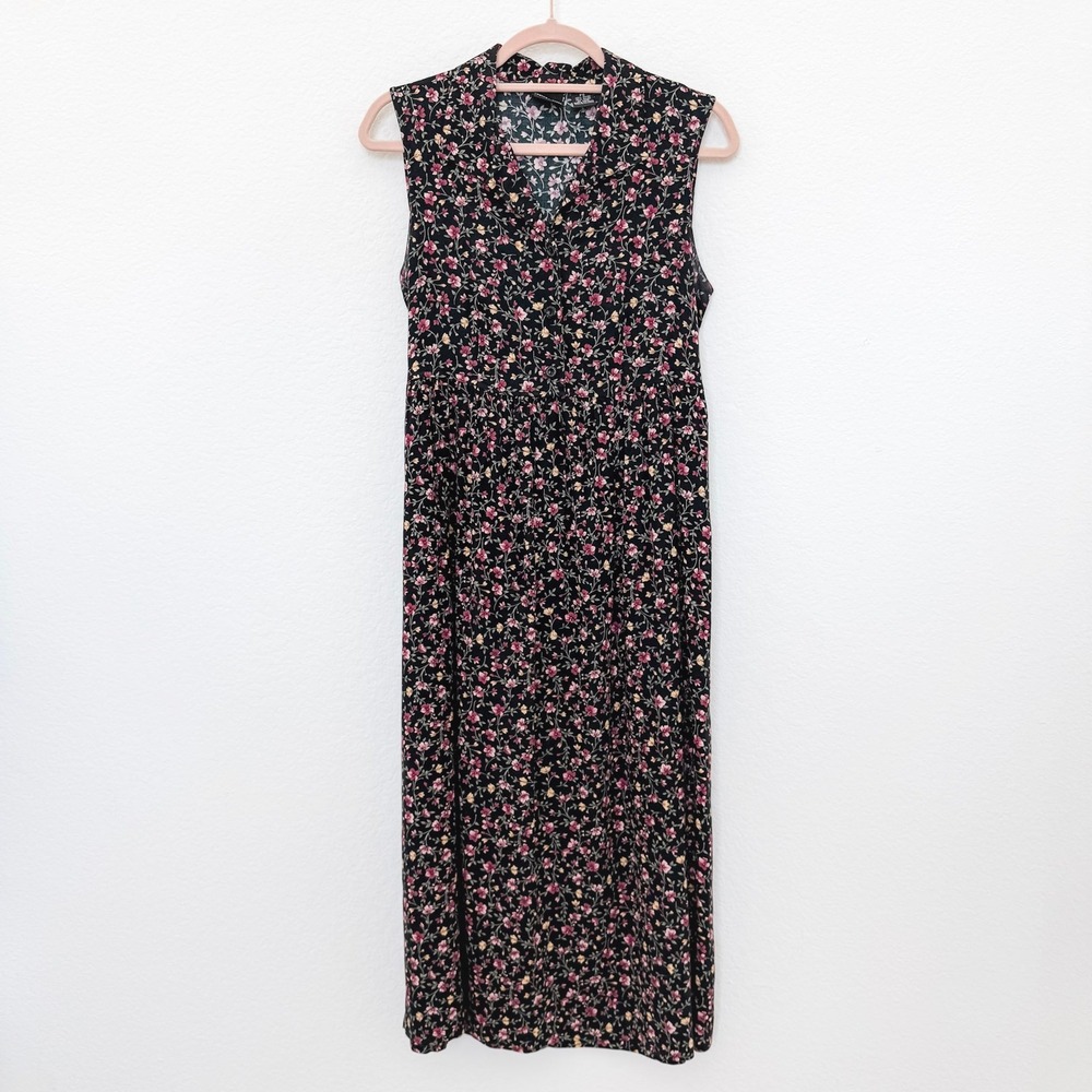 Y2K Erika Women Dress Size PS Black Floral Button Front Dark Cottage Prairie 90s